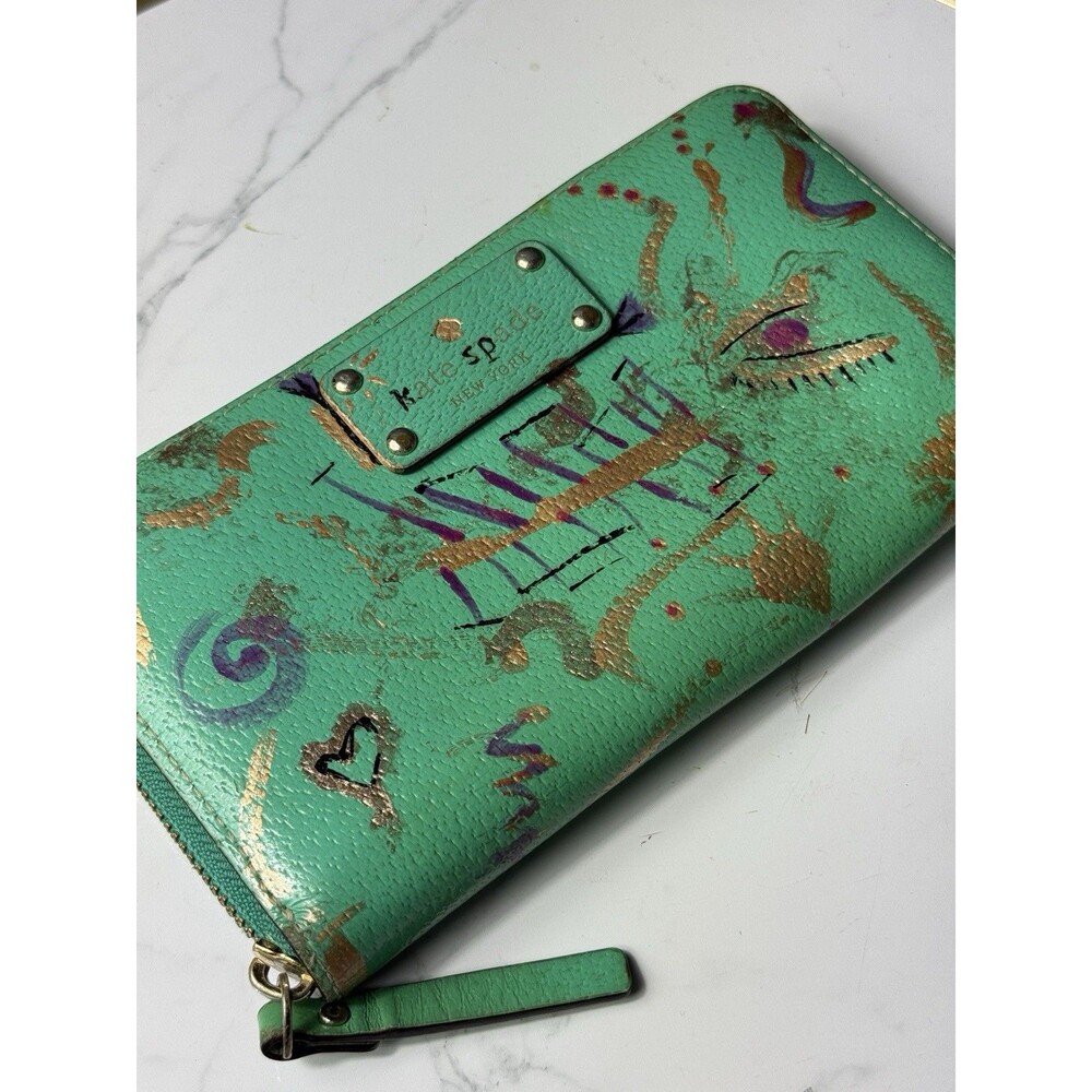 Kate Spade Jazzy Metro Green Patent Leather Zip Around Wallet Custom Art As Is